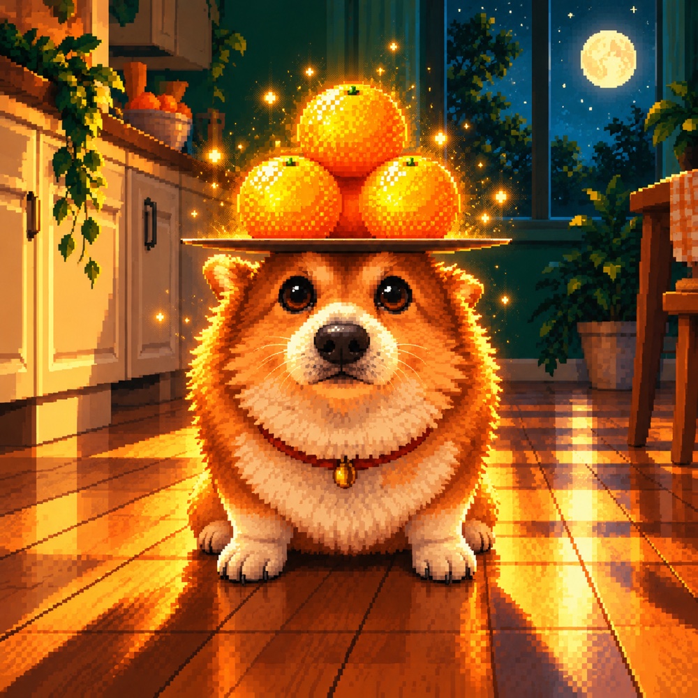 PULPUL with glowing oranges in a moonlit kitchen